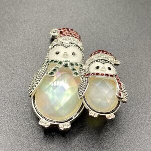 Vintage Napier Rhinestone Penguins Brooch Opalescent Cabochon Christmas Winter